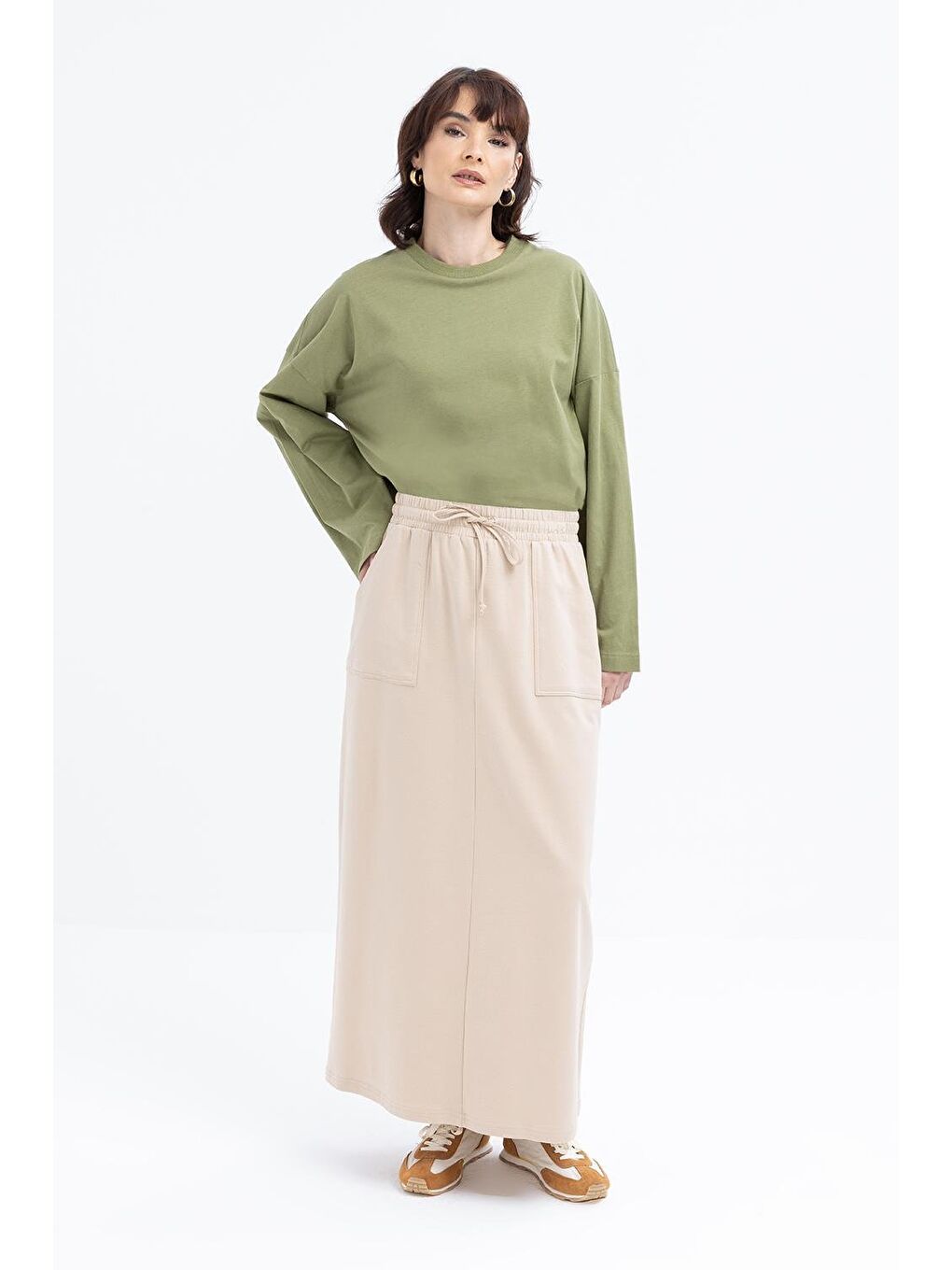 Bej-Pamuklu İki Cepli Elastanlı Etek
