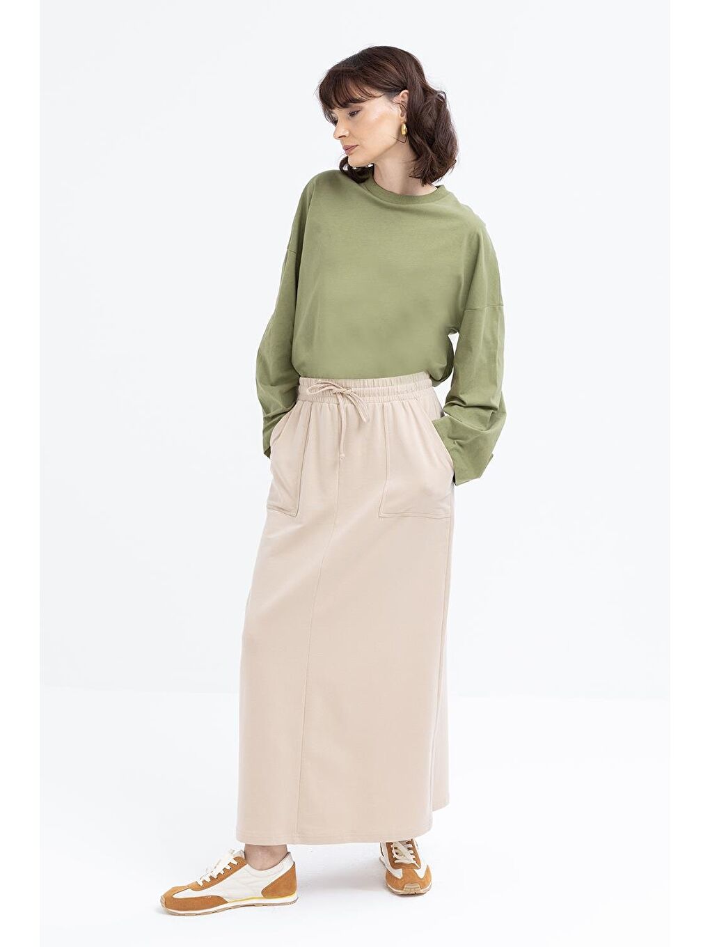 Bej-Pamuklu İki Cepli Elastanlı Etek-1