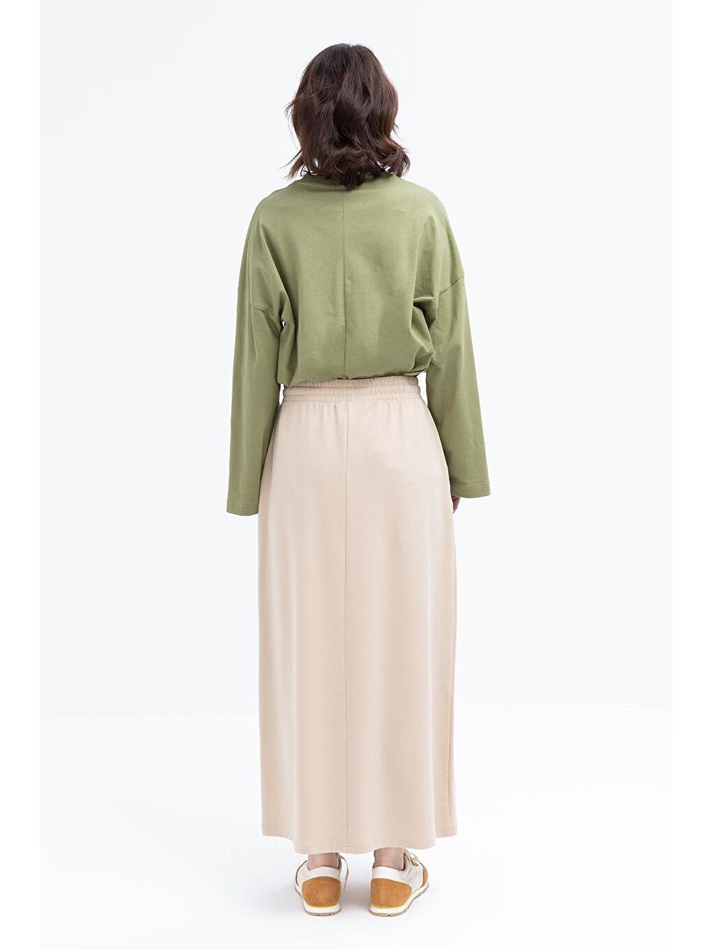 Bej-Pamuklu İki Cepli Elastanlı Etek-3