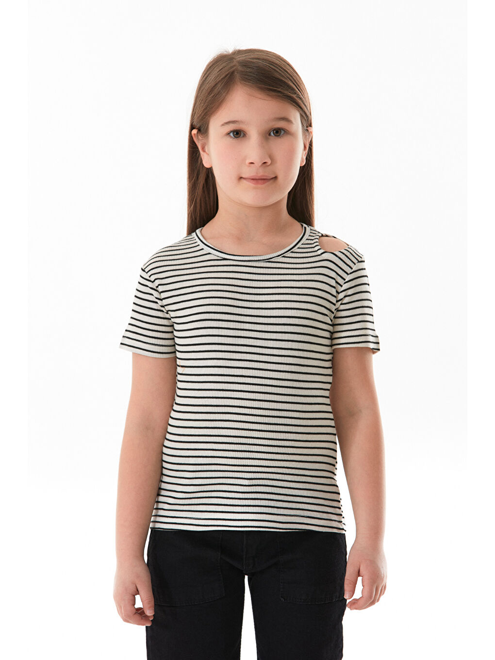 Siyah Omzu Pencere Detaylı Çizgili Kız Çocuk Body