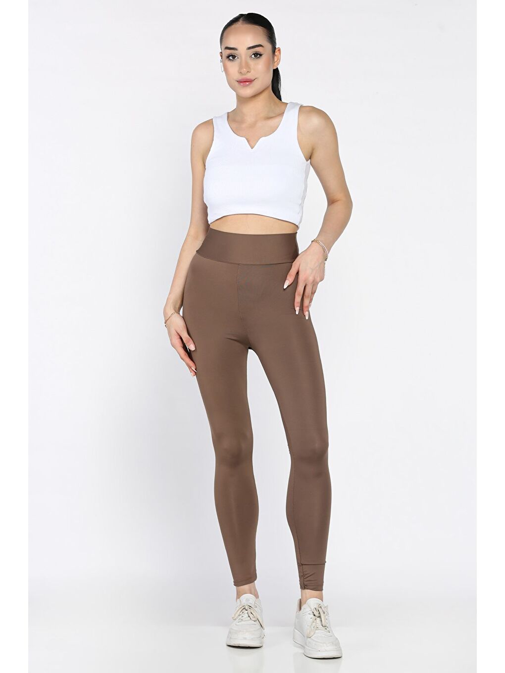 Kahverengi Yüksek Bel Elastanlı Tayt