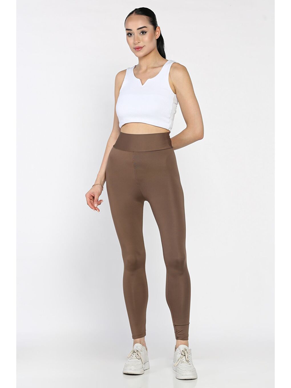 Kahverengi Yüksek Bel Elastanlı Tayt-1