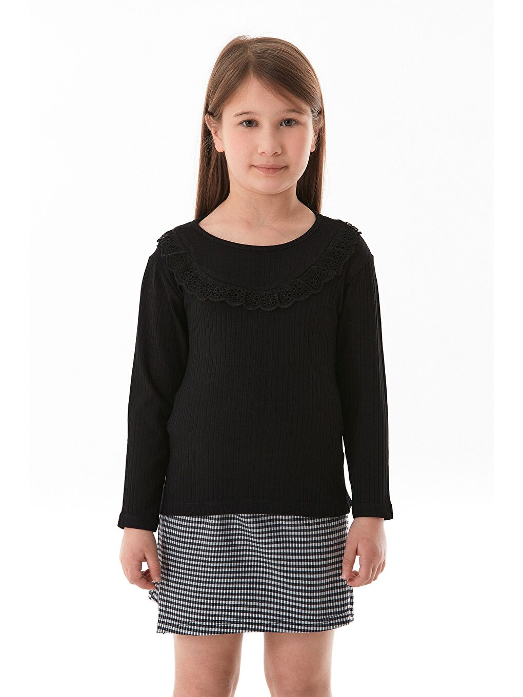 Siyah Fitilli Önü Fırfırlı Elastanlı Kız Çocuk Body