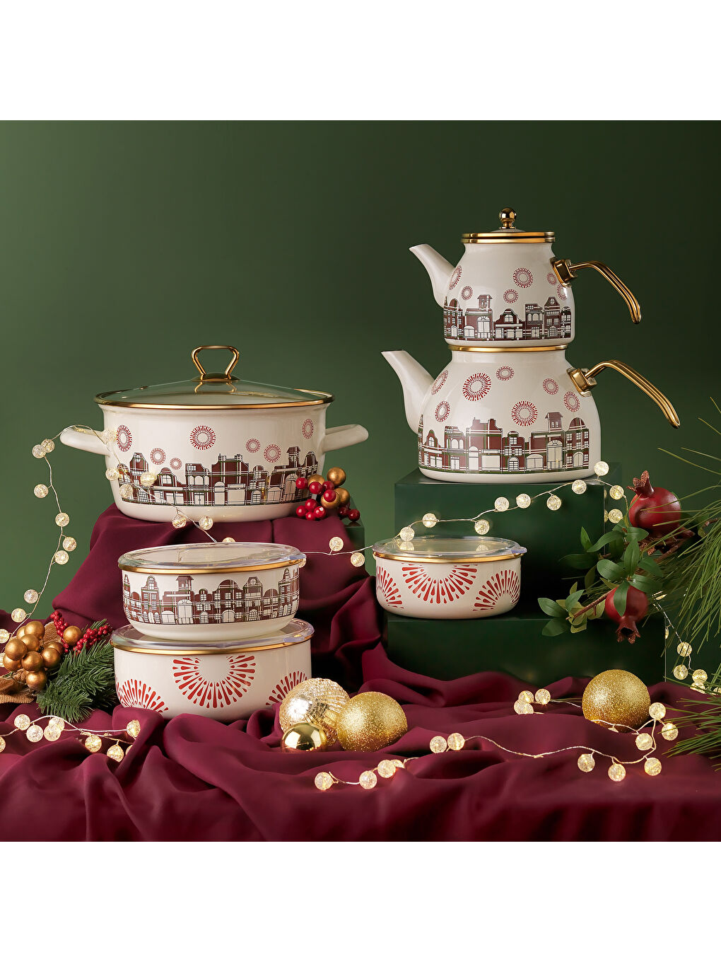 Ekru Spark Emaye Çaydanlık Takımı 3 Parça-Asorti-1