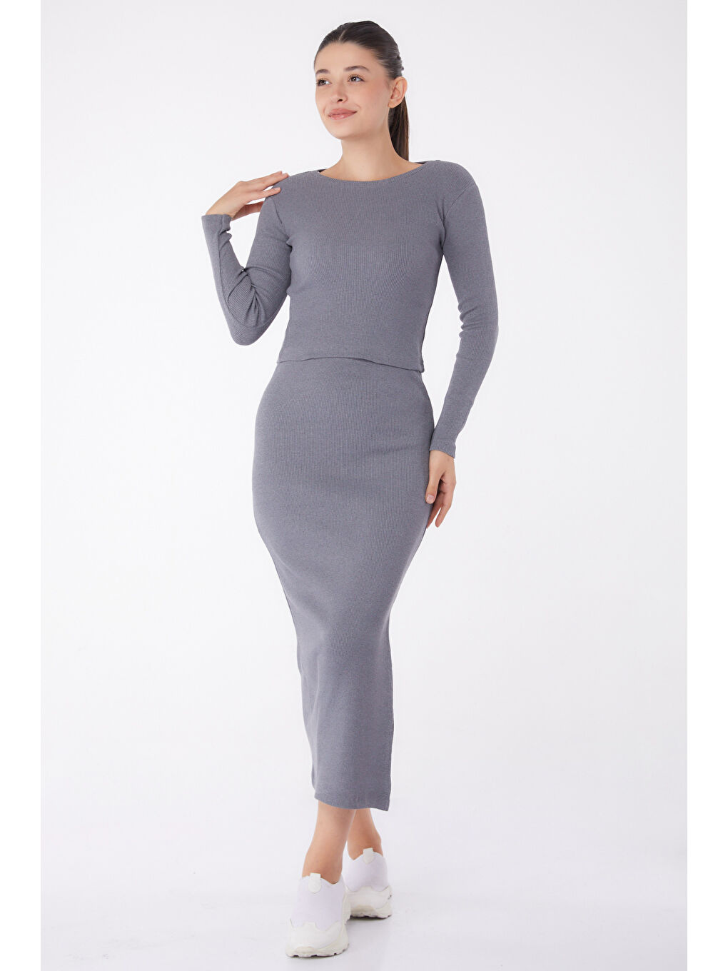 Bisiklet Yaka Kadın Antrasit Yırtmaçlı İkili Takım - 26124-1