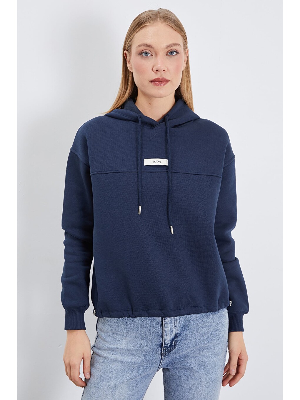 Lacivert 3 İplik Active Baskılı Kapüşonlu Stoperli Oversize Sweatshirt