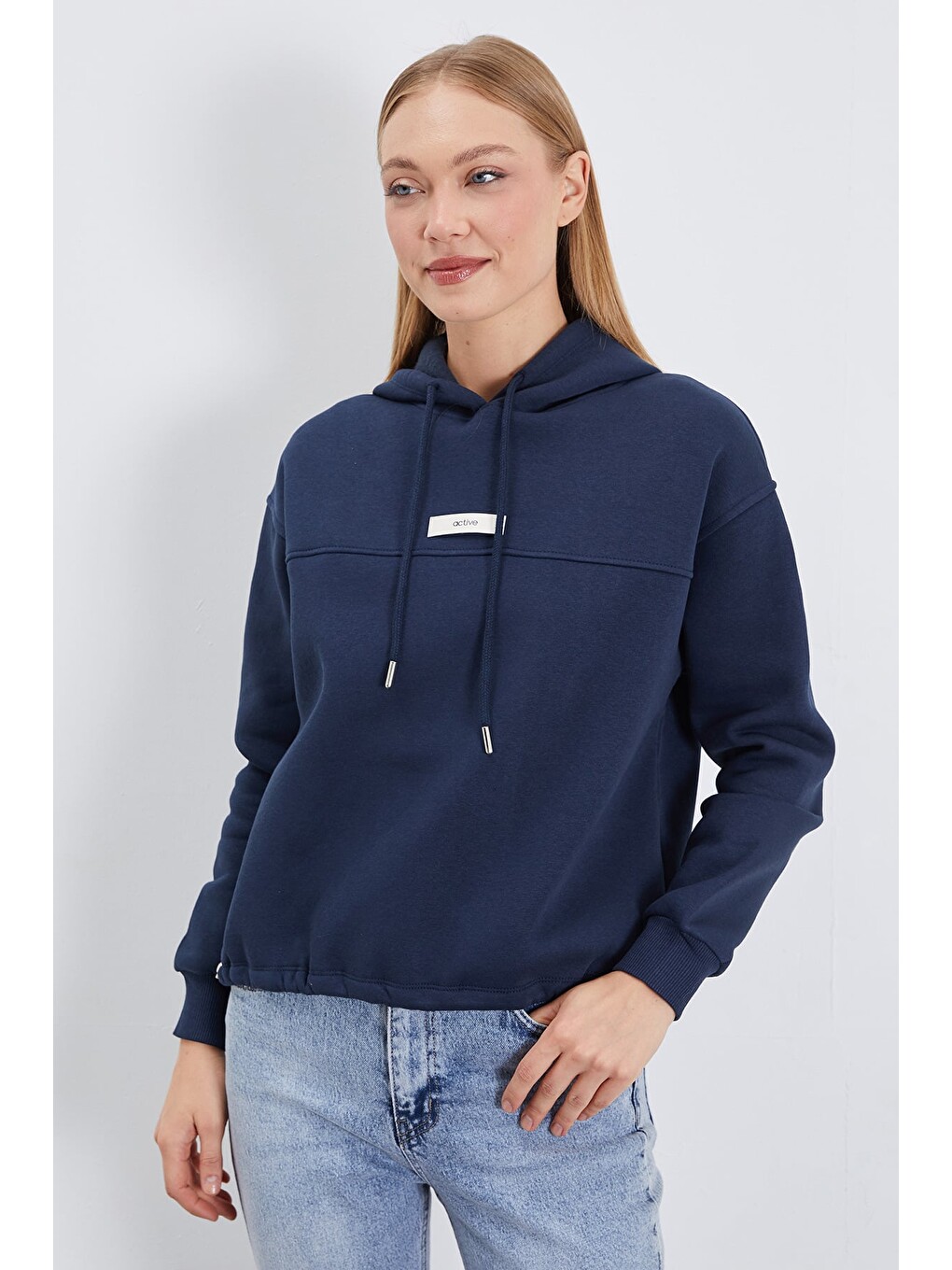 Lacivert 3 İplik Active Baskılı Kapüşonlu Stoperli Oversize Sweatshirt-1