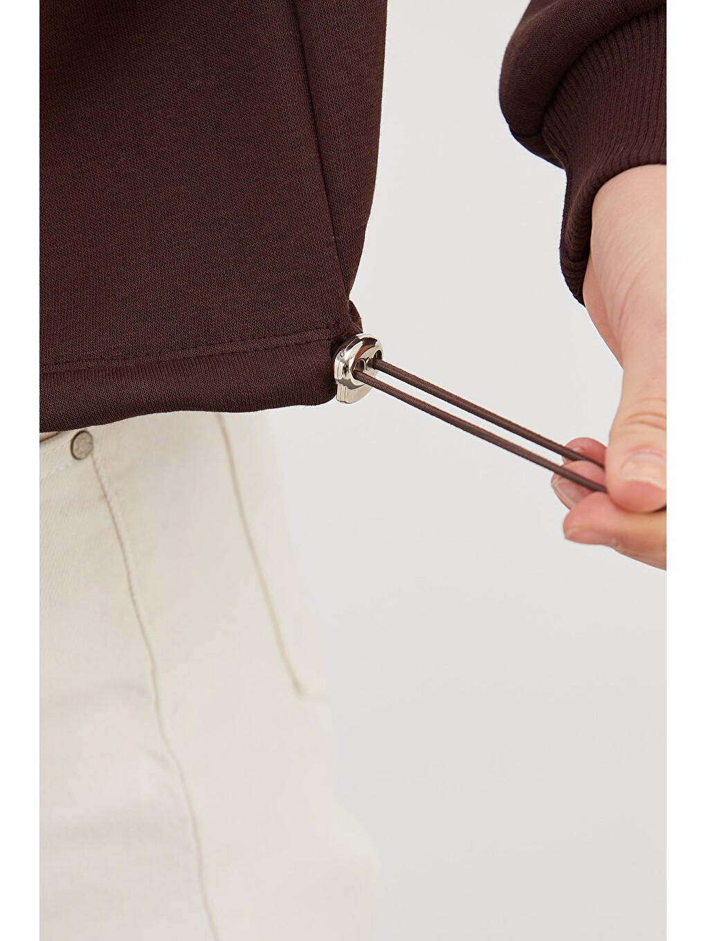 Kahverengi 3 İplik Kalp Nakışlı Kapüşonlu Stoperli Sweatshirt-3