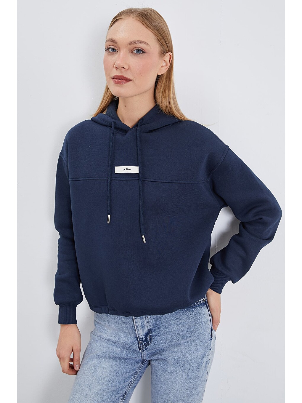 Lacivert 3 İplik Active Baskılı Kapüşonlu Stoperli Oversize Sweatshirt-2