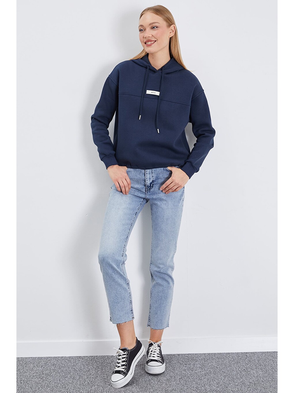 Lacivert 3 İplik Active Baskılı Kapüşonlu Stoperli Oversize Sweatshirt-3