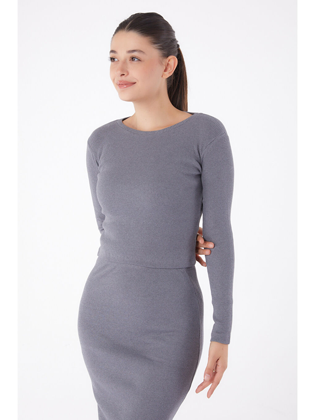 Bisiklet Yaka Kadın Antrasit Yırtmaçlı İkili Takım - 26124-2