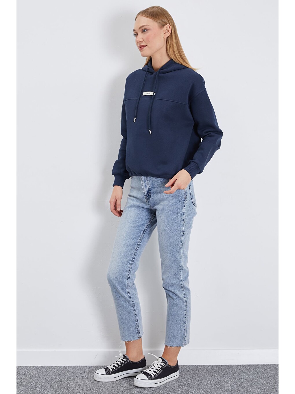 Lacivert 3 İplik Active Baskılı Kapüşonlu Stoperli Oversize Sweatshirt-4