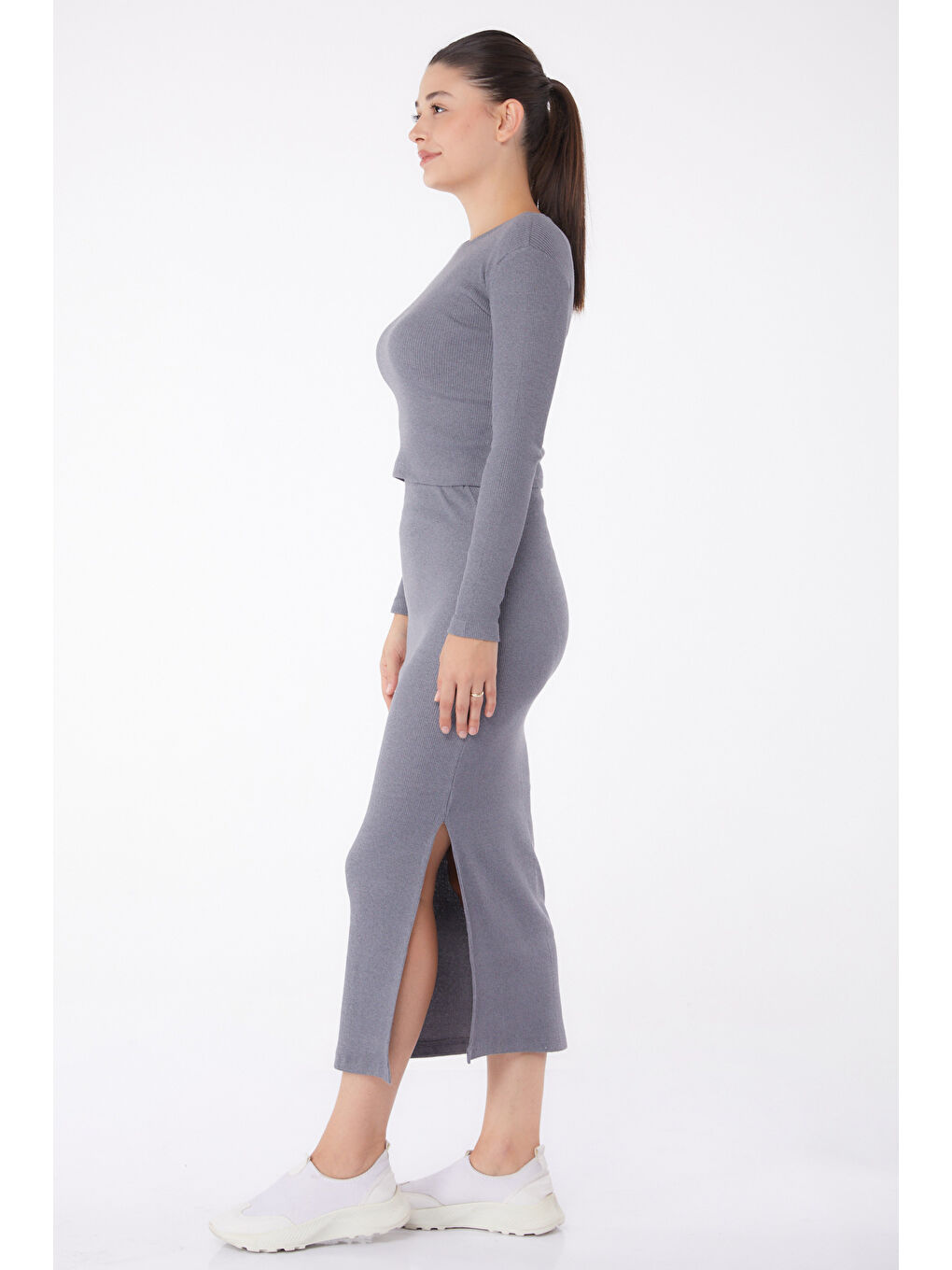 Bisiklet Yaka Kadın Antrasit Yırtmaçlı İkili Takım - 26124-3