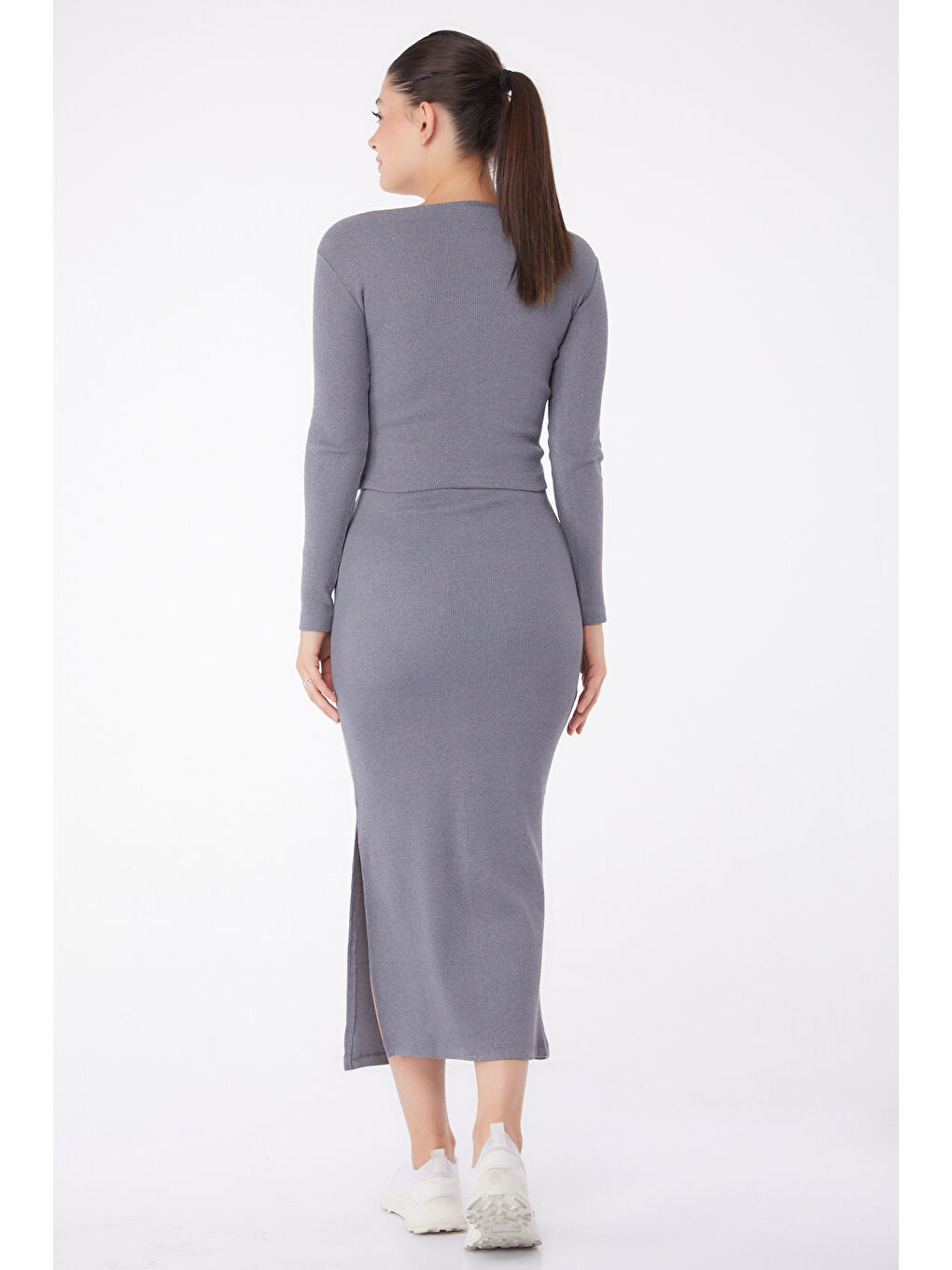 Bisiklet Yaka Kadın Antrasit Yırtmaçlı İkili Takım - 26124-4