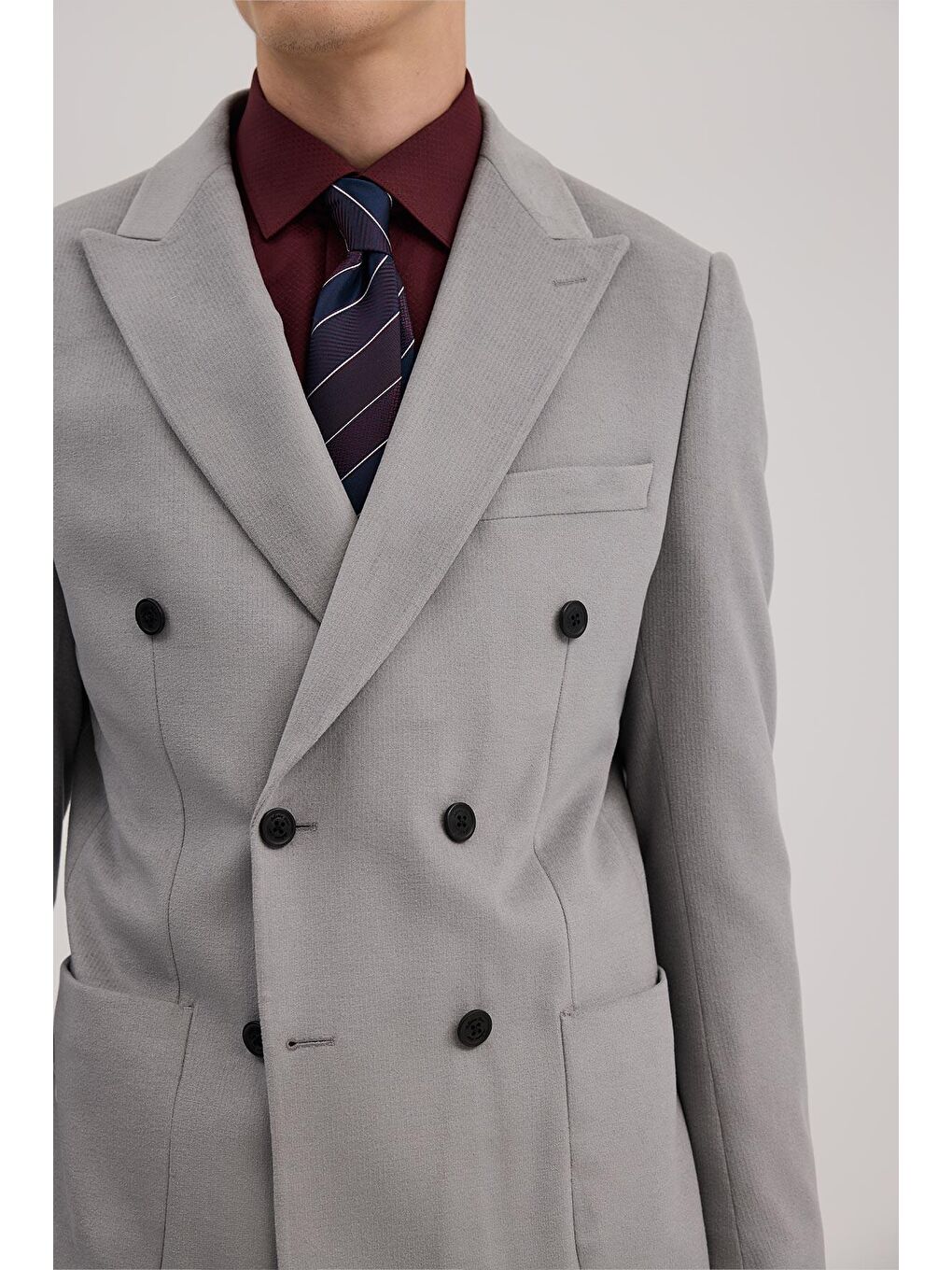 Gri Slim Fit Mono Yaka Kruvaze Ceket-2