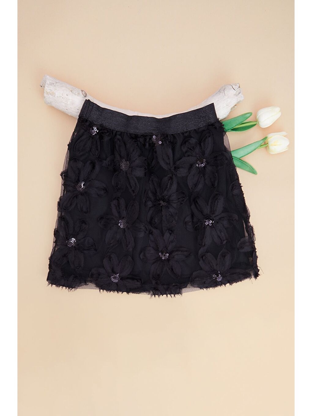 Siyah Çiçekli  Beli Lastikli Simli Kız Çocuk Etek