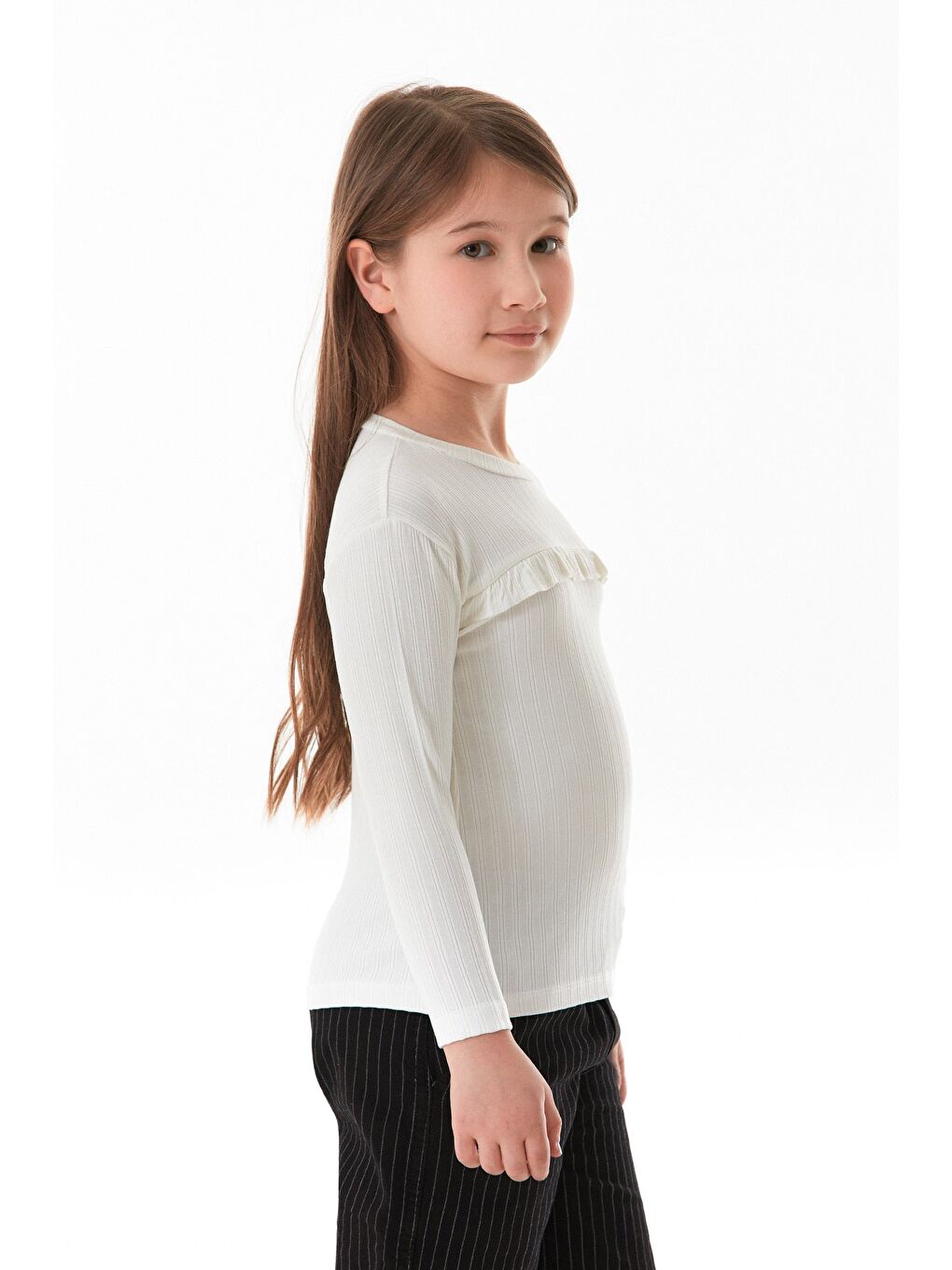 Ekru Fitilli Elastanlı Önü Fırfırlı Kız Çocuk Body-1