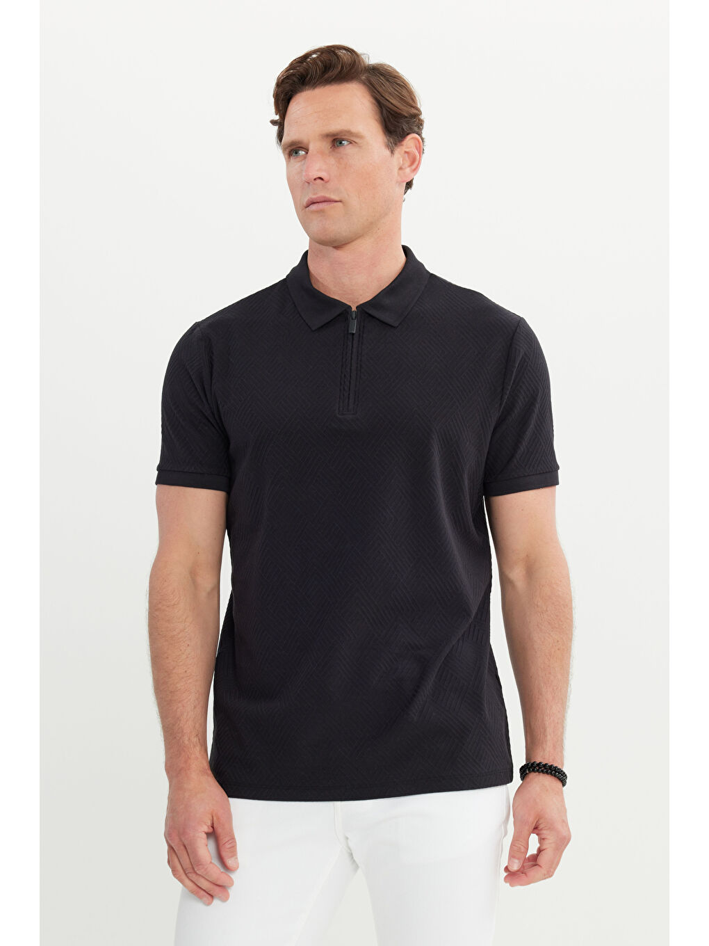 Erkek Siyah Pamuklu Slim Fit Dar Kesim Polo Yaka Esnek Tişört-2