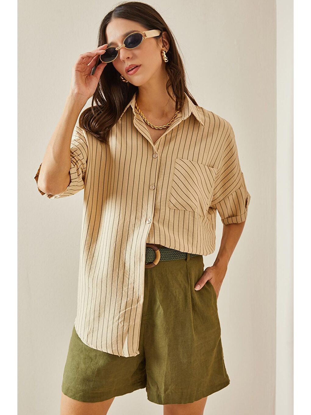 Bej Tek Cepli Çizgili Gömlek 5YXK2-48637-25