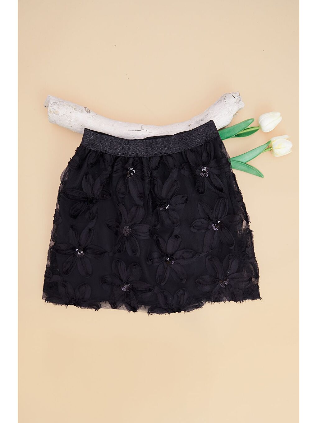 Siyah Çiçekli  Beli Lastikli Simli Kız Çocuk Etek-1