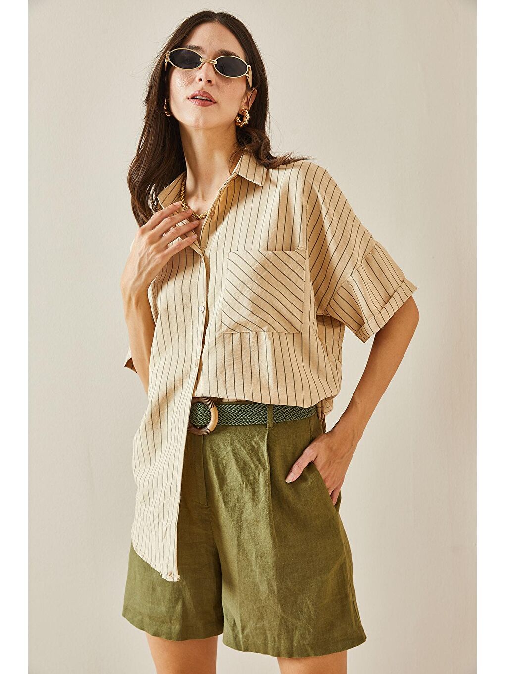 Bej Tek Cepli Çizgili Gömlek 5YXK2-48637-25-1