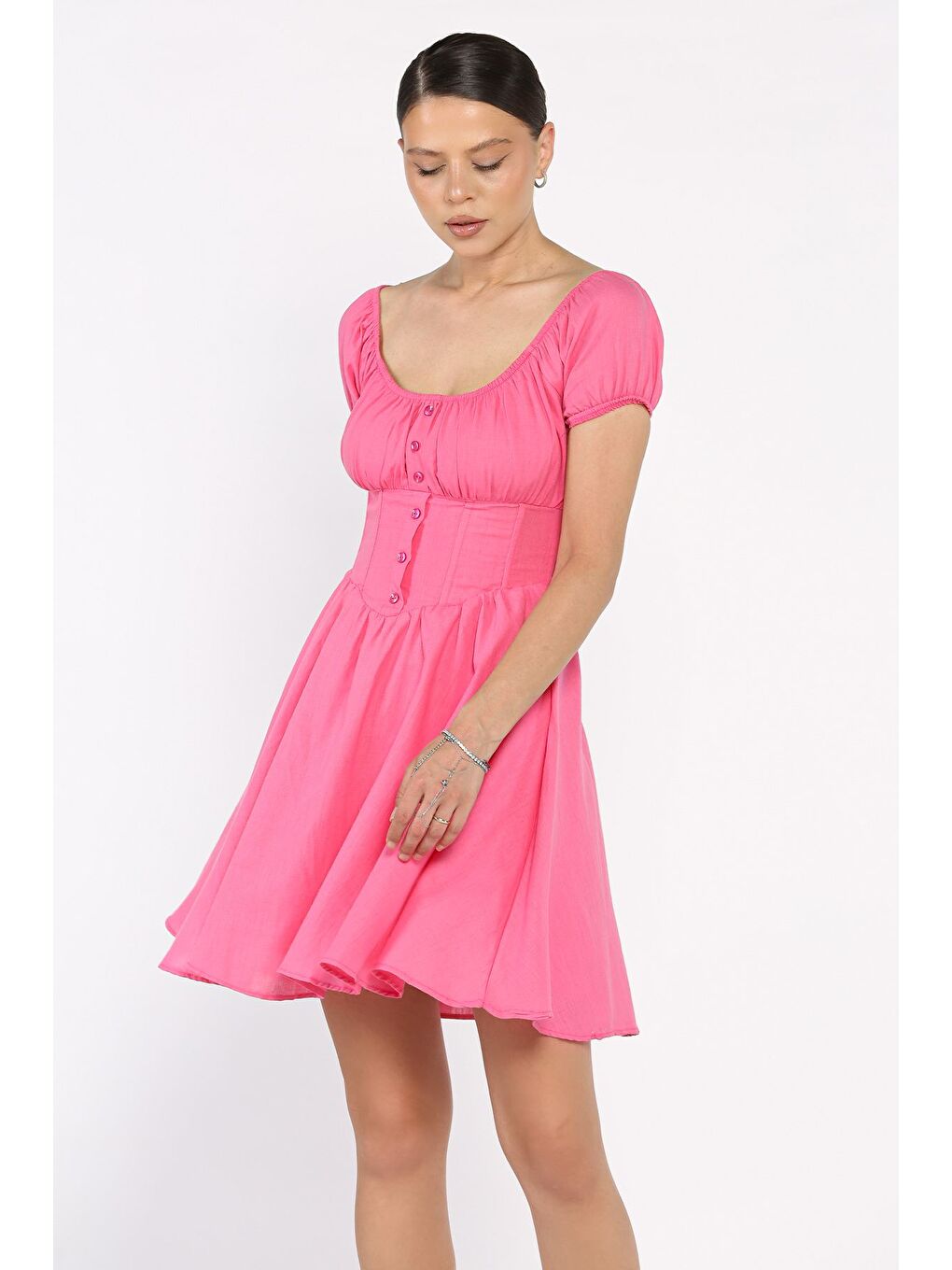 Pembe Beli Korseli Kadın Elbise-1