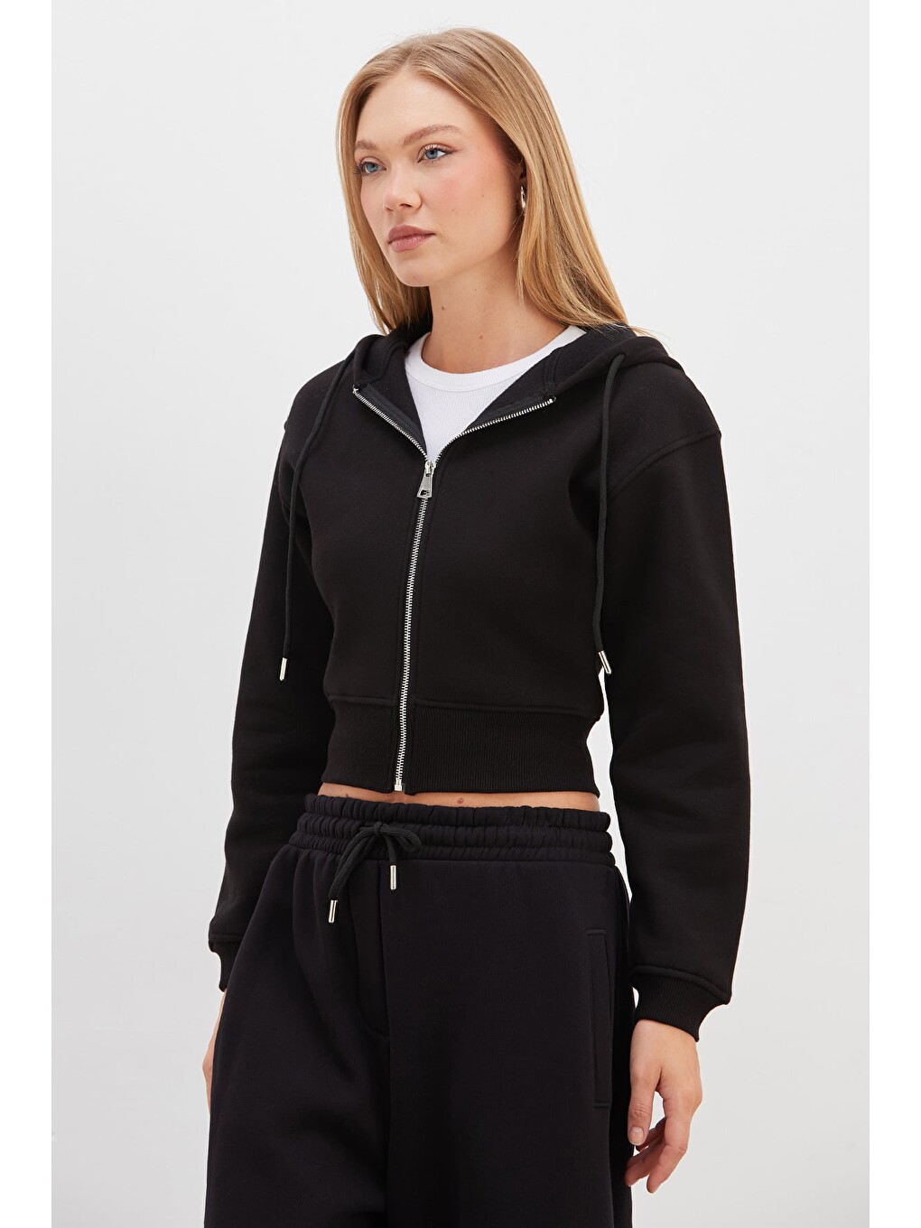 Siyah 3 İplik Basic Kapüşonlu Fermuarlı Sweatshirt-1