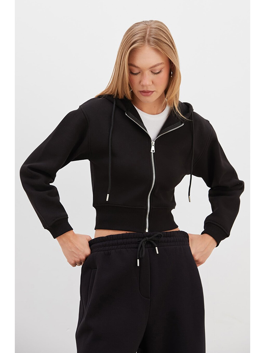 Siyah 3 İplik Basic Kapüşonlu Fermuarlı Sweatshirt-2
