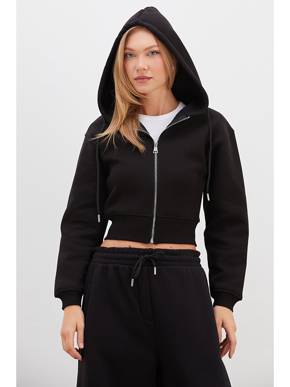 Siyah 3 İplik Basic Kapüşonlu Fermuarlı Sweatshirt-4
