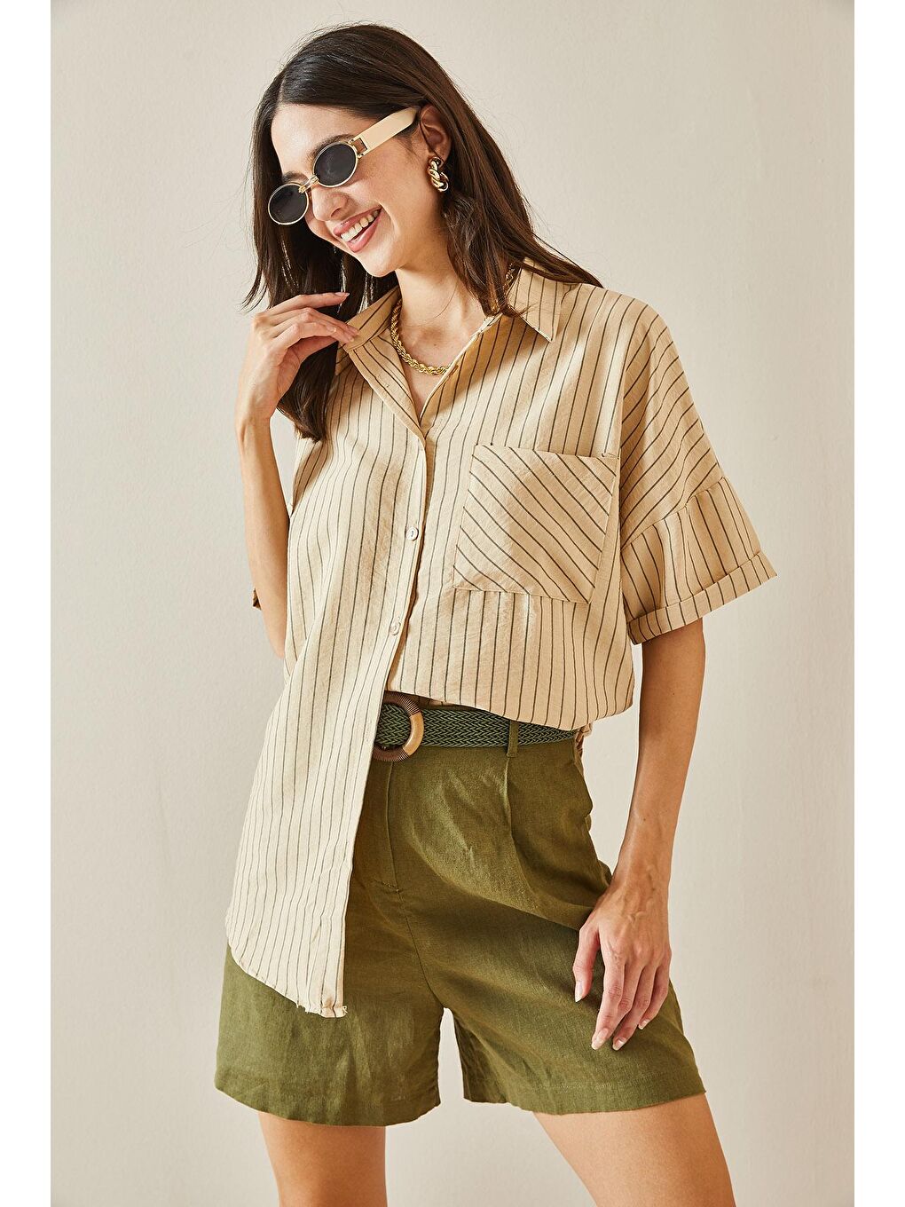 Bej Tek Cepli Çizgili Gömlek 5YXK2-48637-25-2
