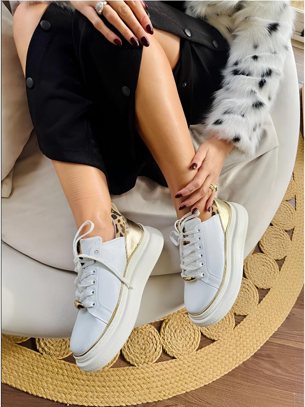 Kadın Beyaz Gold Leopar Desenli Yüksek Taban Günlük Sneakers Ve Spor Ayakkabı Taban 6 Cm.-2