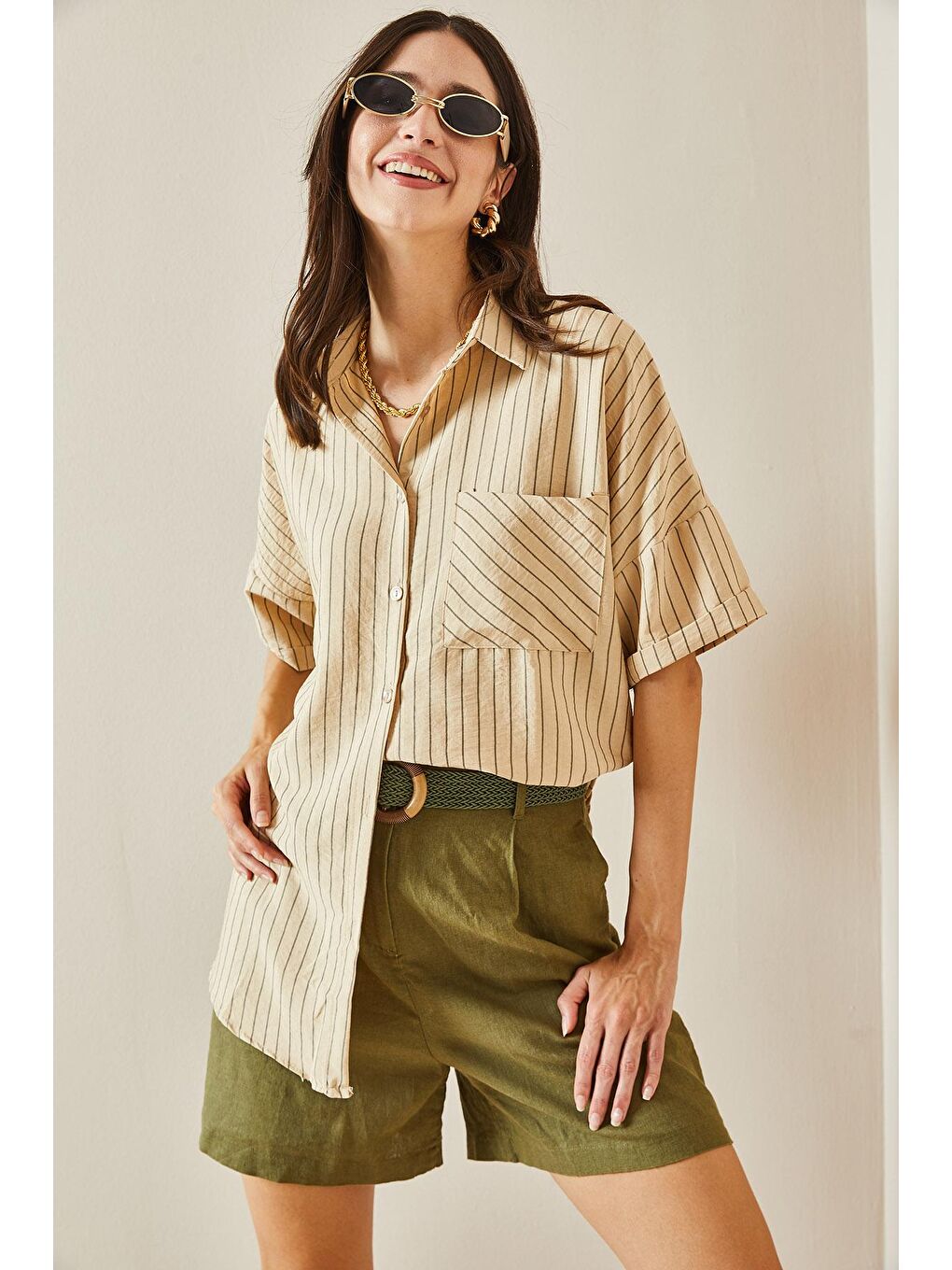 Bej Tek Cepli Çizgili Gömlek 5YXK2-48637-25-3