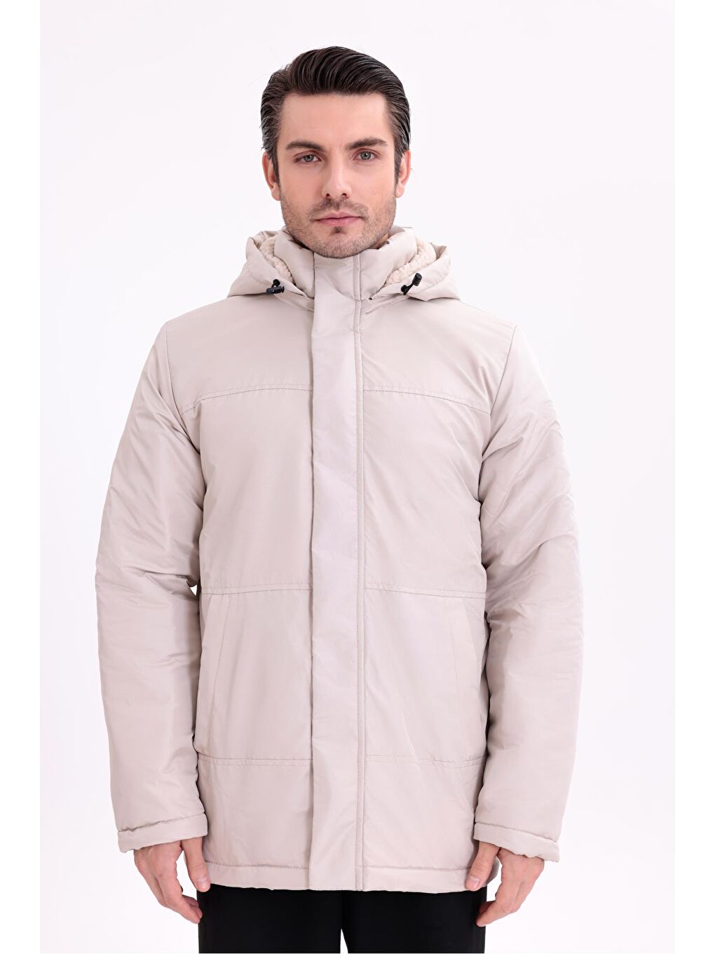 Bej Erkek İçi Kürklü Çıkma Kapüşon Su Ve Rüzgar Geçirmez Kapüşonlu Kışlık Mont & Kaban & Parka-1