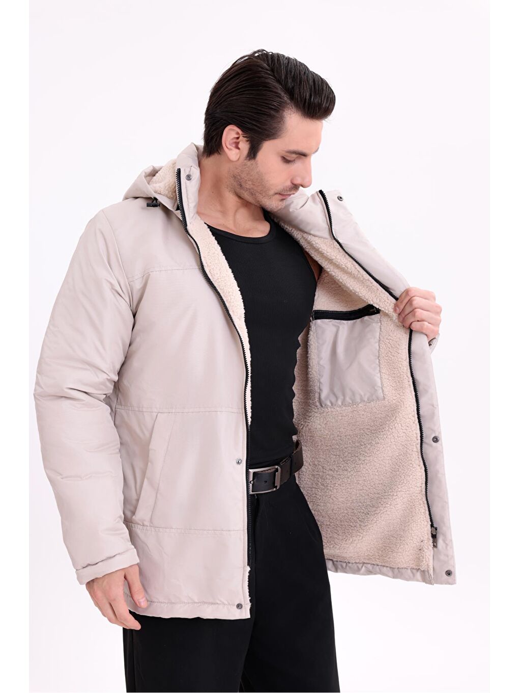 Bej Erkek İçi Kürklü Çıkma Kapüşon Su Ve Rüzgar Geçirmez Kapüşonlu Kışlık Mont & Kaban & Parka-2