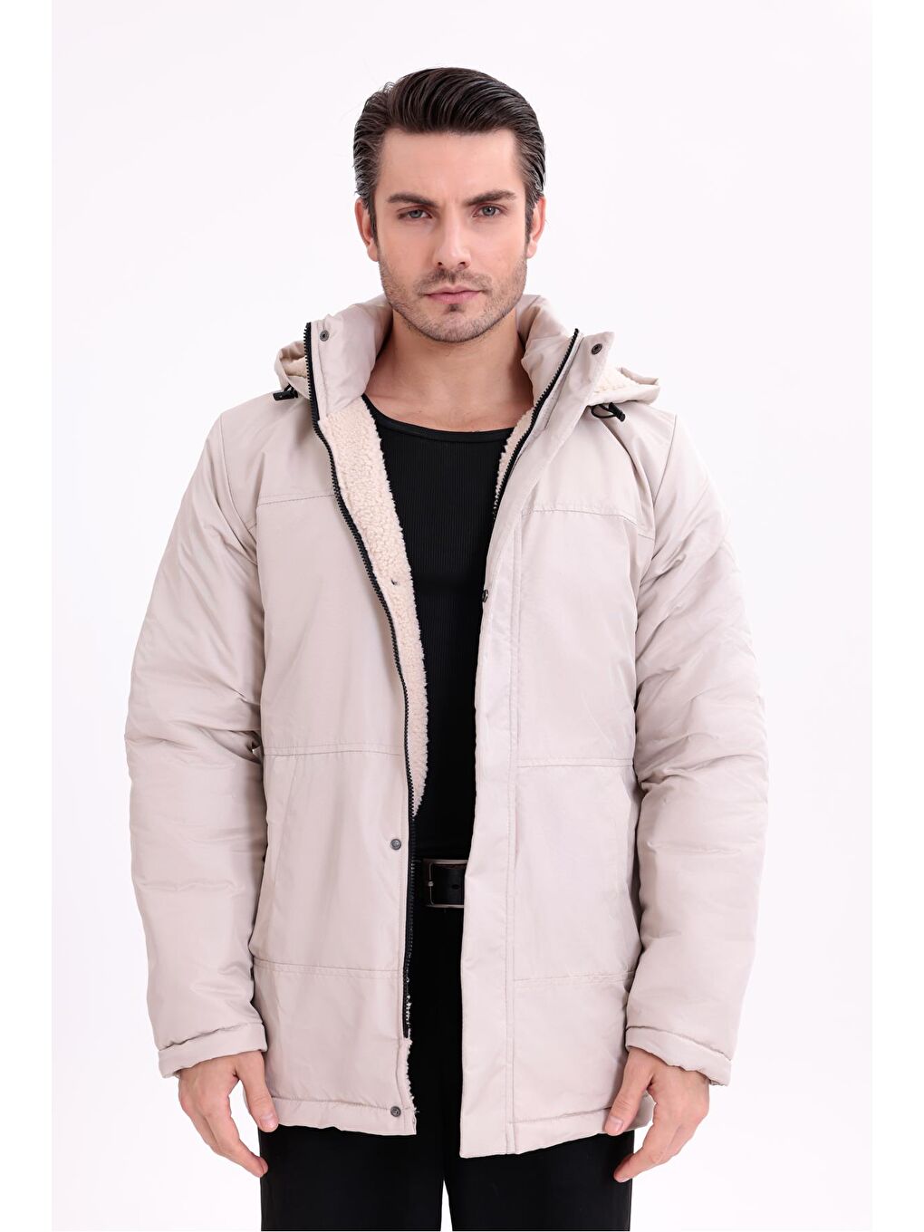 Bej Erkek İçi Kürklü Çıkma Kapüşon Su Ve Rüzgar Geçirmez Kapüşonlu Kışlık Mont & Kaban & Parka-3