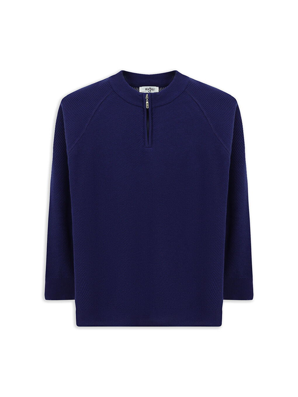 Lacivert Bato Yaka Regular Fit Fermuarlı Desenli Pamuklu Triko Kazak