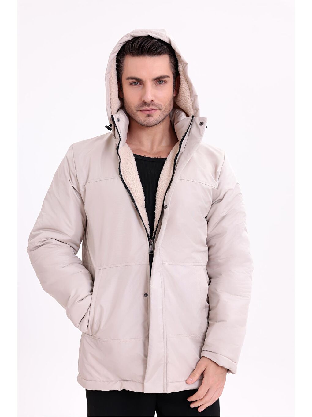 Bej Erkek İçi Kürklü Çıkma Kapüşon Su Ve Rüzgar Geçirmez Kapüşonlu Kışlık Mont & Kaban & Parka-5