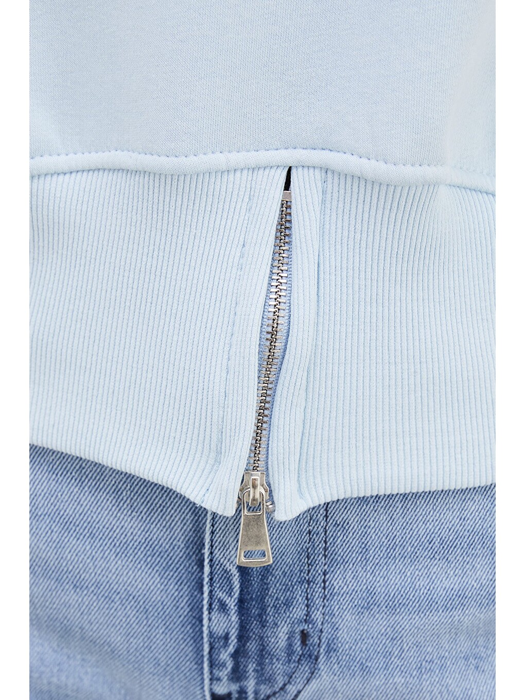 Mavi 3 İplik Eteği Fermuarlı Bisiklet Yaka Crop Sweatshirt-2