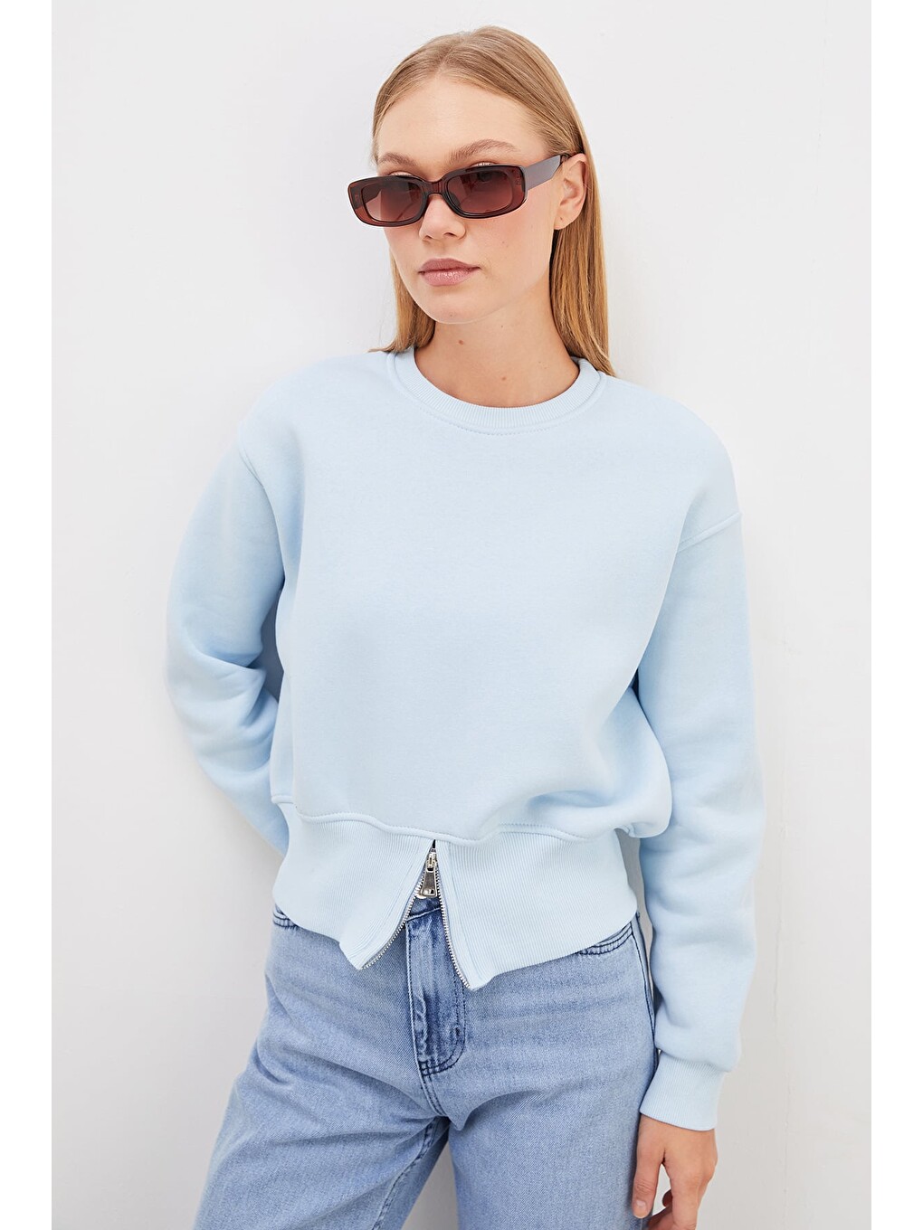 Mavi 3 İplik Eteği Fermuarlı Bisiklet Yaka Crop Sweatshirt-3