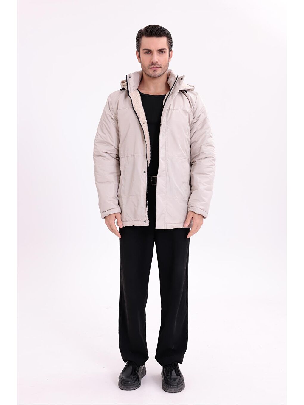 Bej Erkek İçi Kürklü Çıkma Kapüşon Su Ve Rüzgar Geçirmez Kapüşonlu Kışlık Mont & Kaban & Parka-6