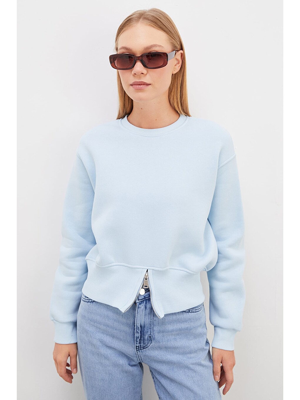 Mavi 3 İplik Eteği Fermuarlı Bisiklet Yaka Crop Sweatshirt-4