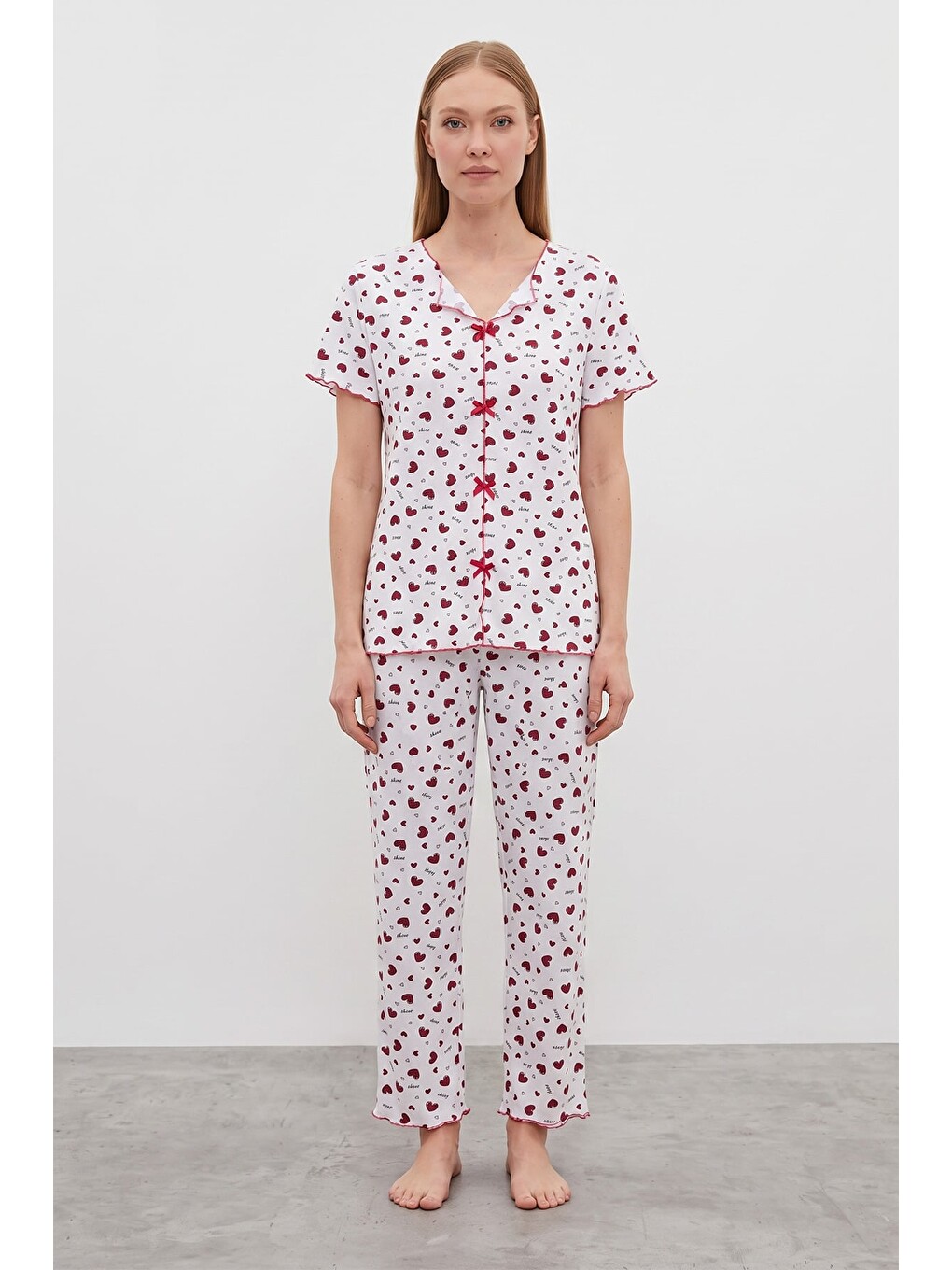 Kırmızı Ekose Ayıcık Desenli Kısa Kol Pijama Takımı-1