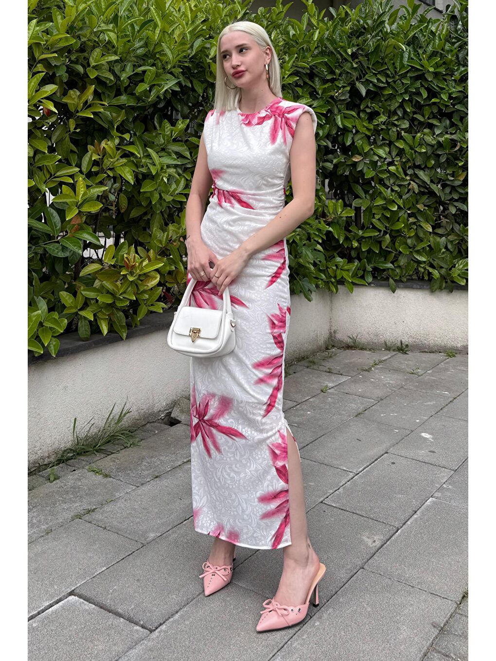 Pembe Desenli Midi Boy Kadın Elbise Mg2464-1