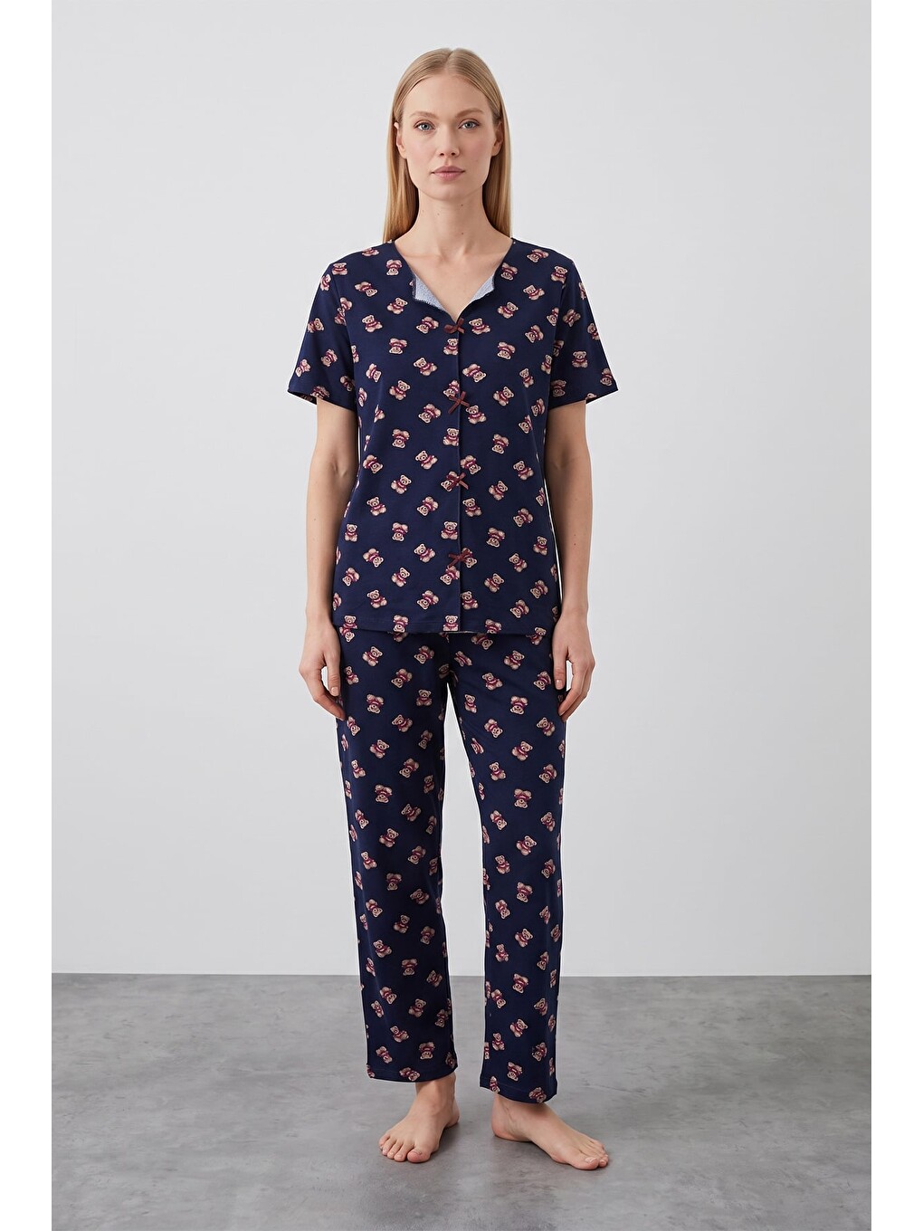 Lacivert Ekose Ayıcık Desenli Kısa Kol Pijama Takımı-1