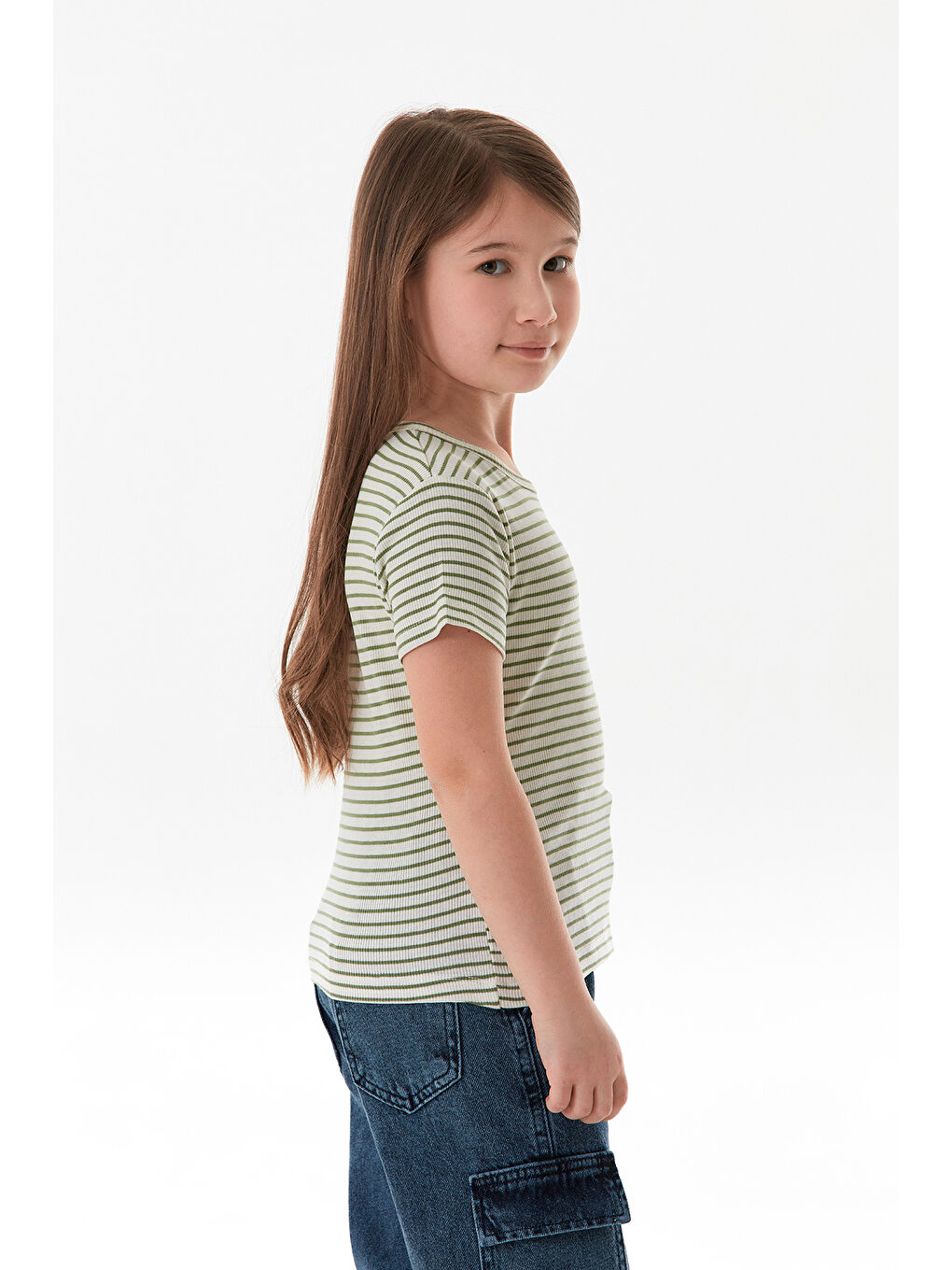 Yeşil Omzu Pencere Detaylı Çizgili Kız Çocuk Body-2