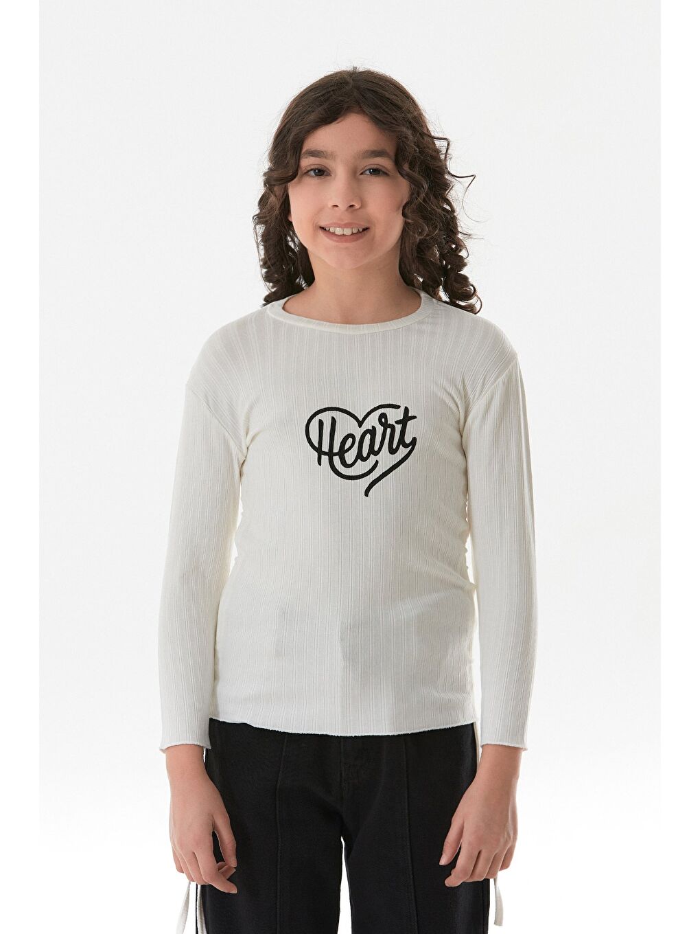 Ekru Fitilli Heart Baskılı Yanları Büzgülü Kız Çocuk Body