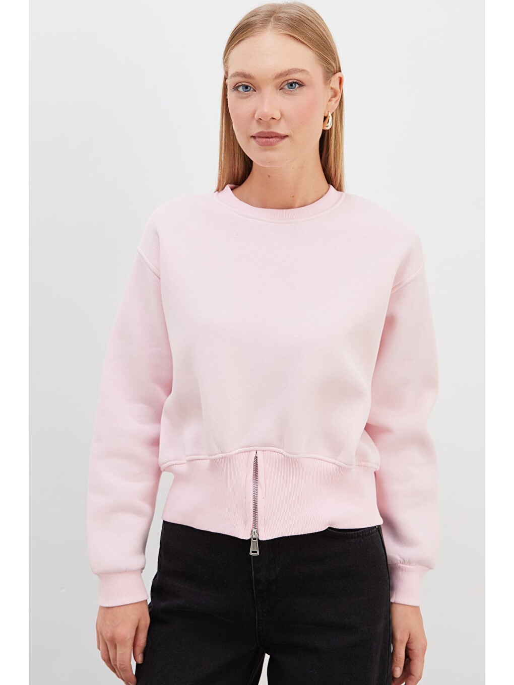 Pembe 3 İplik Eteği Fermuarlı Bisiklet Yaka Crop Sweatshirt