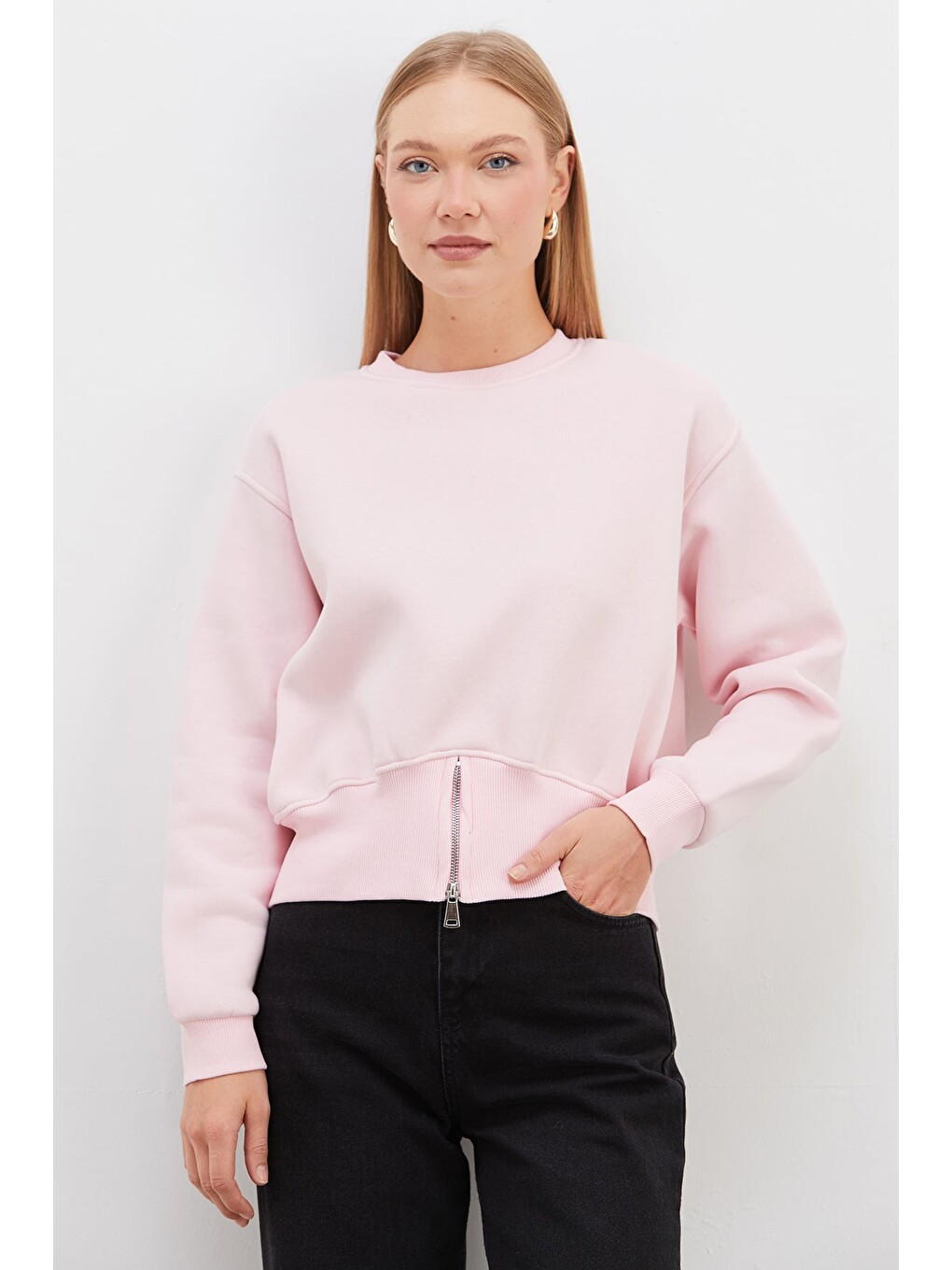 Pembe 3 İplik Eteği Fermuarlı Bisiklet Yaka Crop Sweatshirt-1