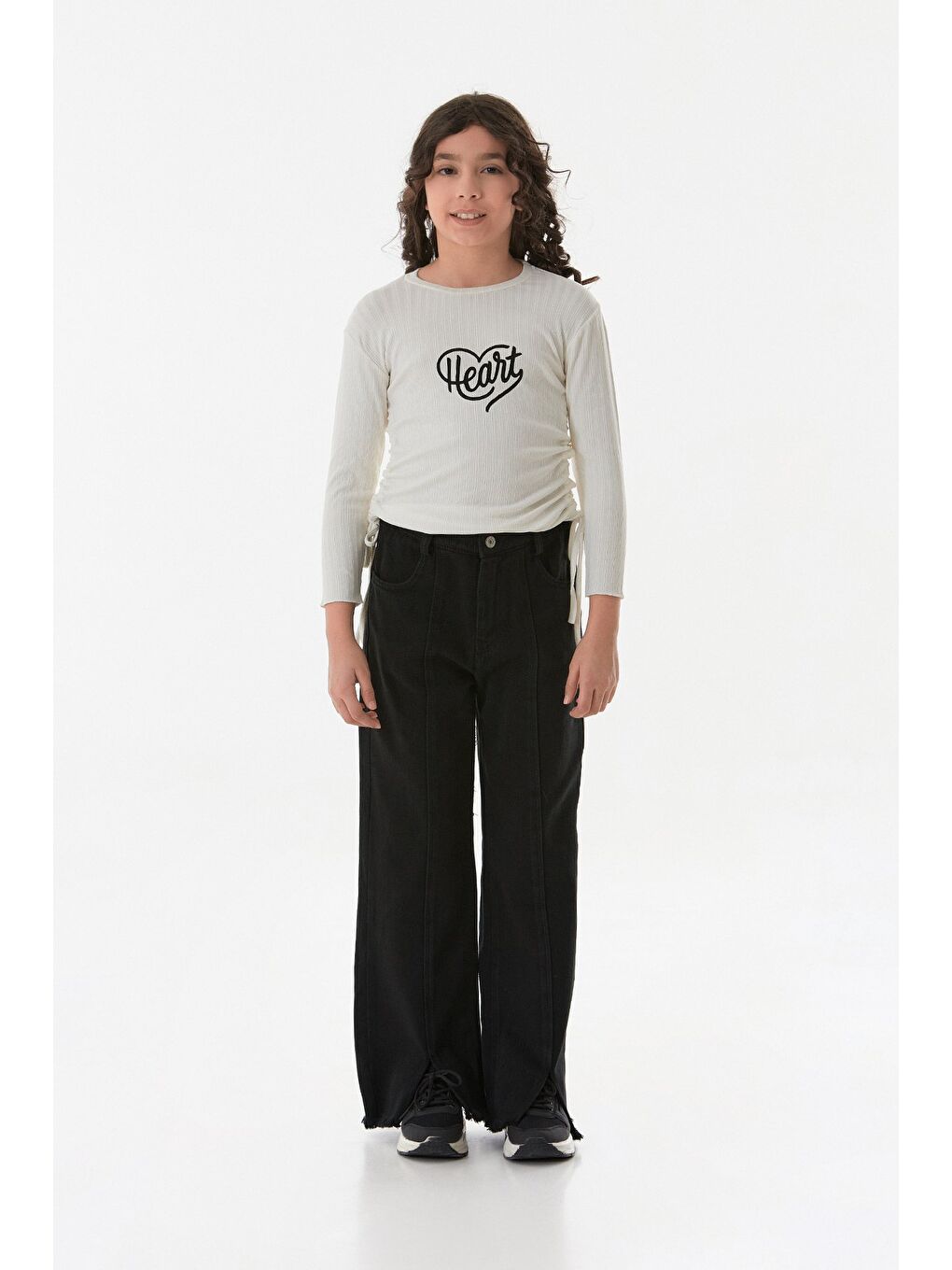 Ekru Fitilli Heart Baskılı Yanları Büzgülü Kız Çocuk Body-2