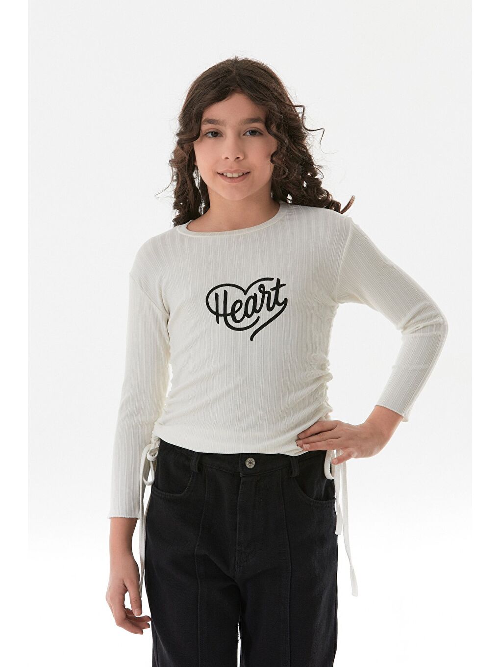 Ekru Fitilli Heart Baskılı Yanları Büzgülü Kız Çocuk Body-3